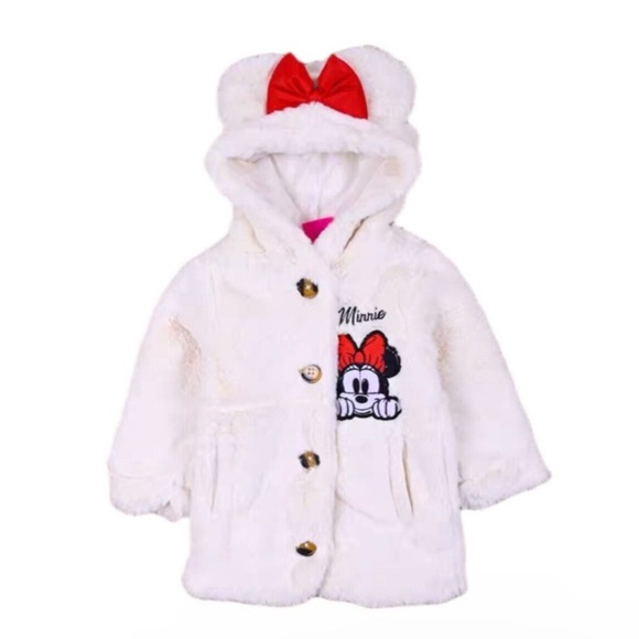 Disney Minnie Mouse Girls Faux Fur White Coat Jacket W/ Hood & Bow Size 3T - Picture 1 of 10